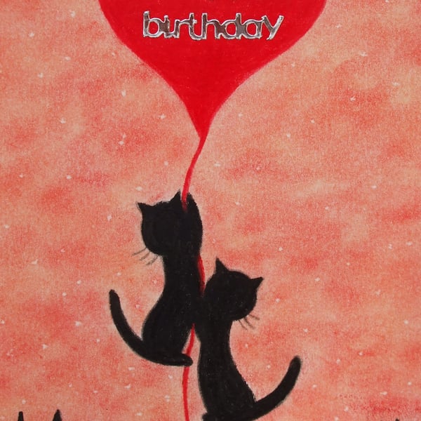 Birthday Cat Card, Heart Two Black Cats Greeting Card, Funny Birthday Art Card