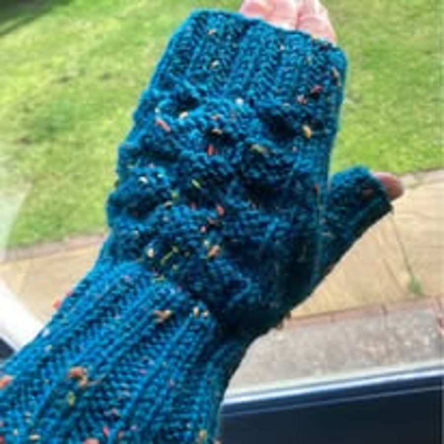 Wristwarmers  with thumb - Petrol Blue Fleck