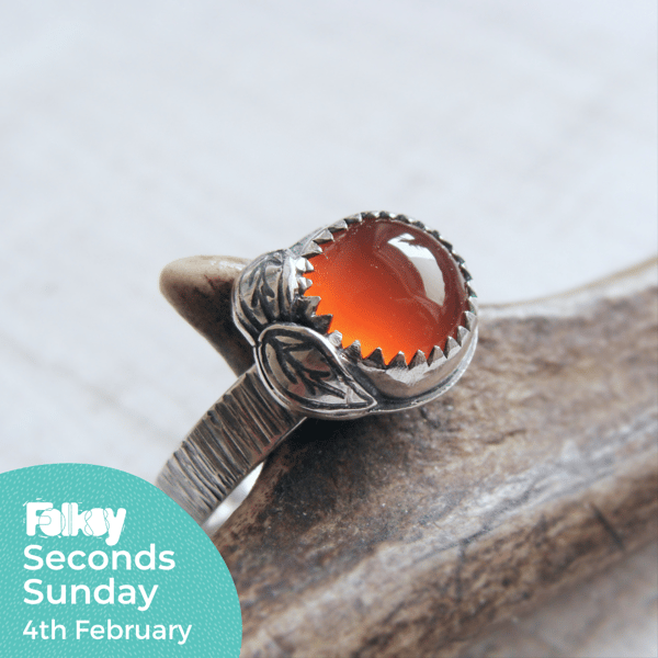 Seconds Sunday - Sterling Silver Orange Carnelian Silver Leaves Ring
