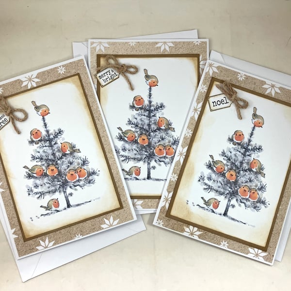 Pack of 3 Christmas cards - Robins in Christmas tree