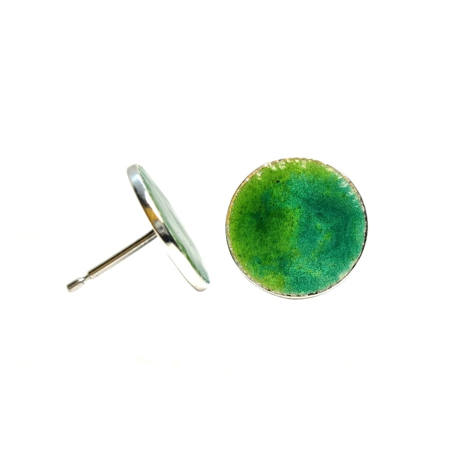 Silver green mix enamel Rockpool stud earrings - large