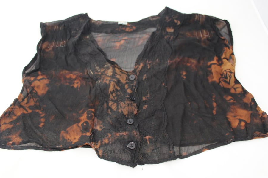 Crop chiffon top, Ladies Vintage 90's reworked black and bronze tie dye blouse