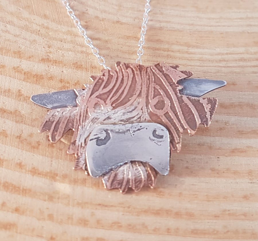 Sterling Silver and Copper Etched Highland Cow Necklace
