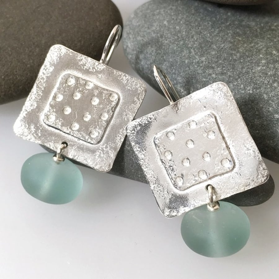 Sterling silver square earrings with frosted aqua glass beads