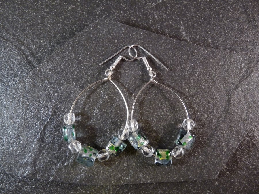 Large Hoop Earrings - Green Speckled Foiled Glass Bead - 40mm - Sliver Colour