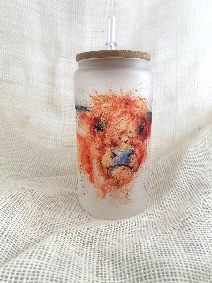 Highland Cow Frosted Glass Tumbler with Bamboo Lid & Straw, 500ml 