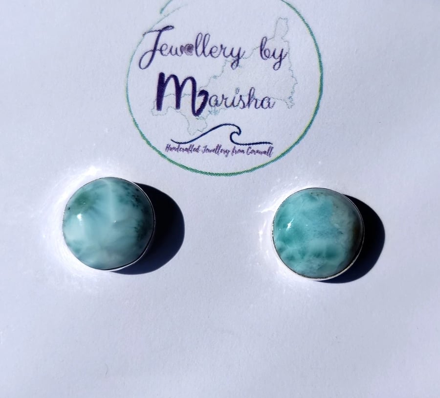 Larimar Studs Earrings Sterling Silver Jewellery Gift 12mm Round Rare Gemstone