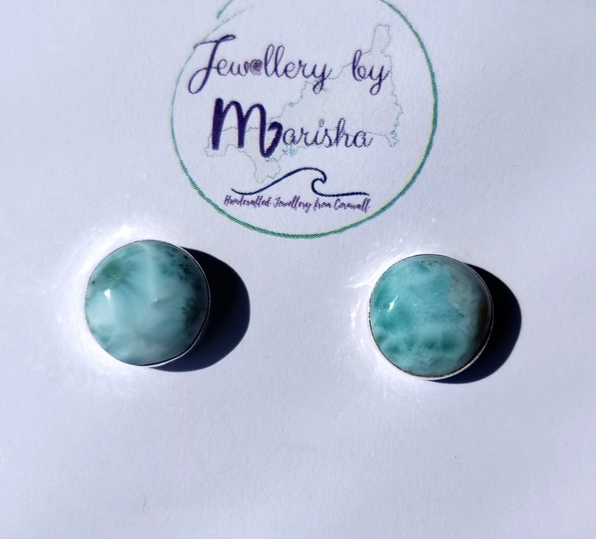 Larimar Studs Earrings Sterling Silver Jewellery Gift 12mm Round Rare Gemstone