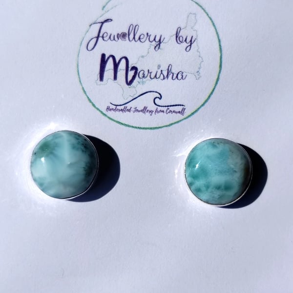 Larimar Studs Earrings Sterling Silver Jewellery Gift 12mm Round Rare Gemstone
