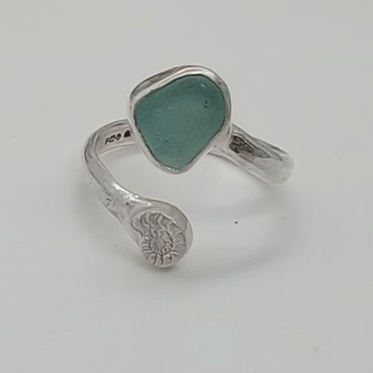 Ammonite and sea glass ring sterling silver wrap ring seaham sea glass