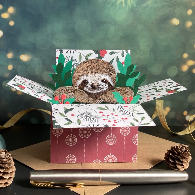 Sloth Christmas Card. 3D box card. Personalised Christmas gift card holder.