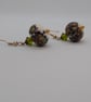 Brown, White, and Green Glass Lampwork Bead Drop Earrings 