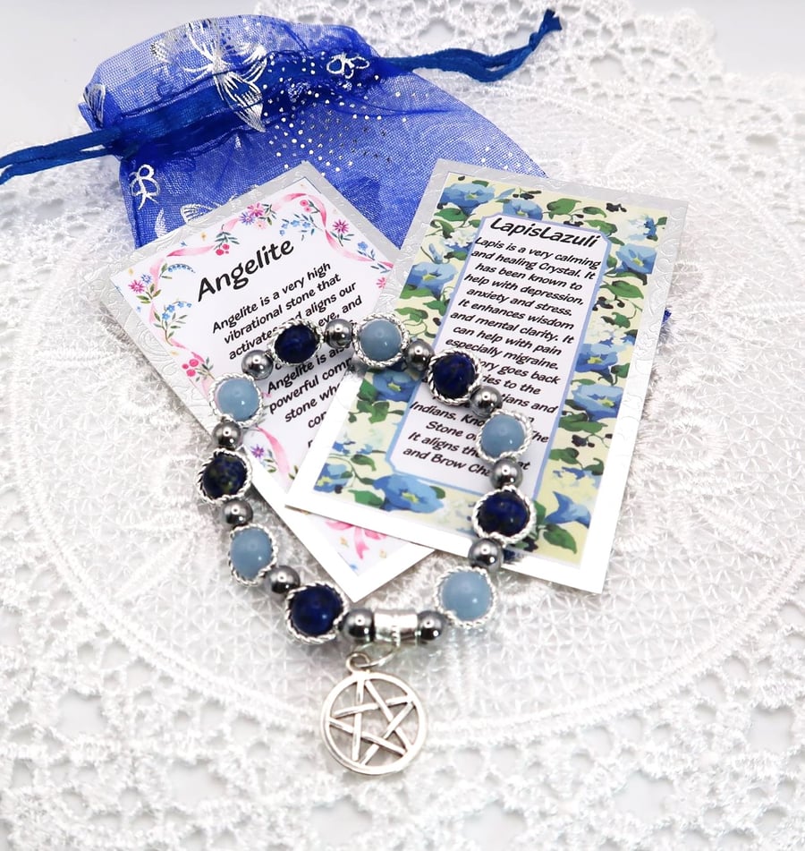 Lapis Lazuli and Angelite Gemstone Bracelet with Pentagram Charm. Free UK p&p.
