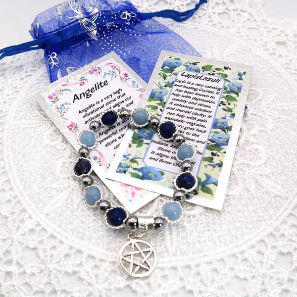 Lapis Lazuli and Angelite Gemstone Bracelet with Pentagram Charm. Free UK p&p.
