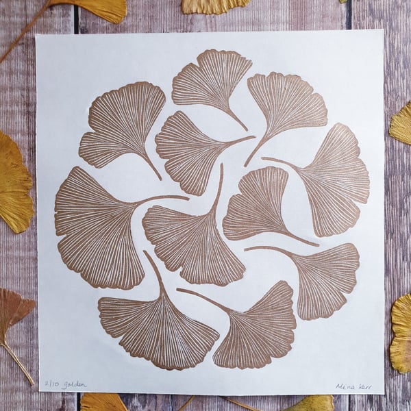 Autumn Ginkgo Leaves Lino Print - 'Golden' Leaves Lino Print 