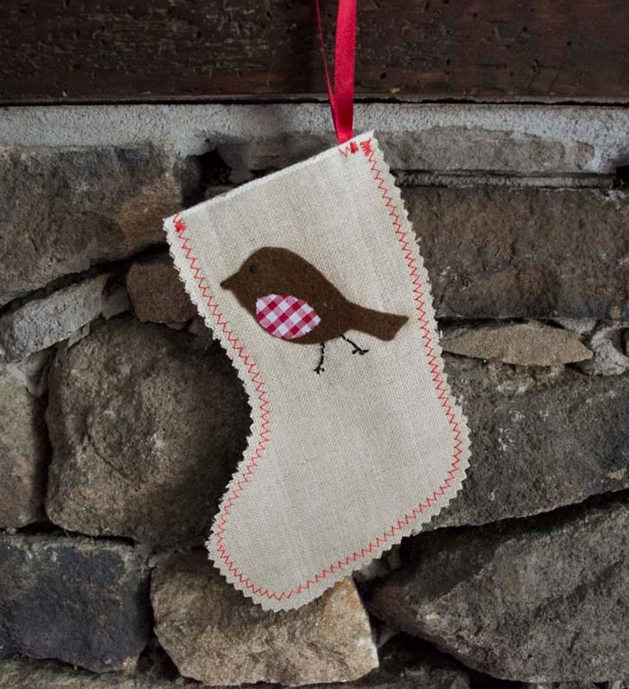 Christmas Stockings - Handmade Linen mini Stocking with Robin detail