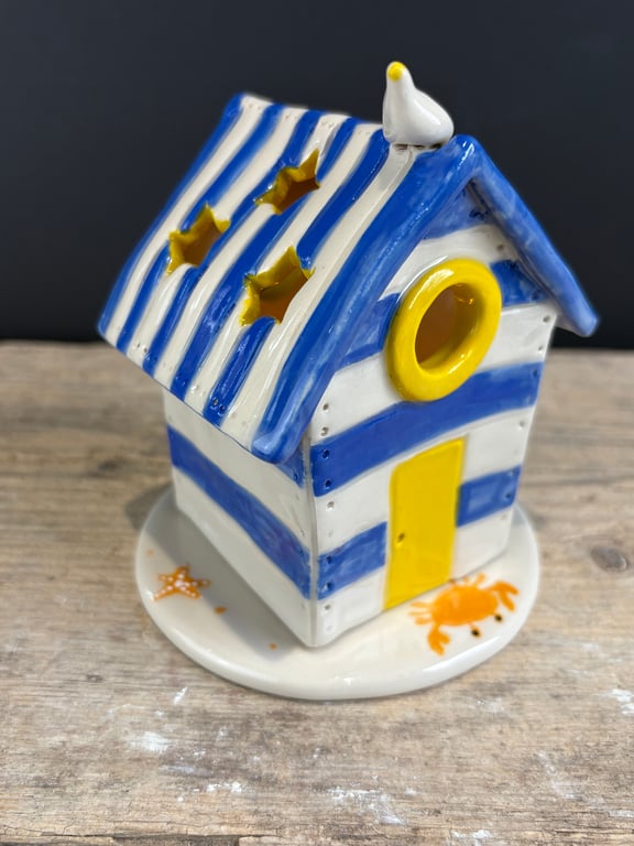 Handpainted Ceramic Beach Hut Tea-light Holder