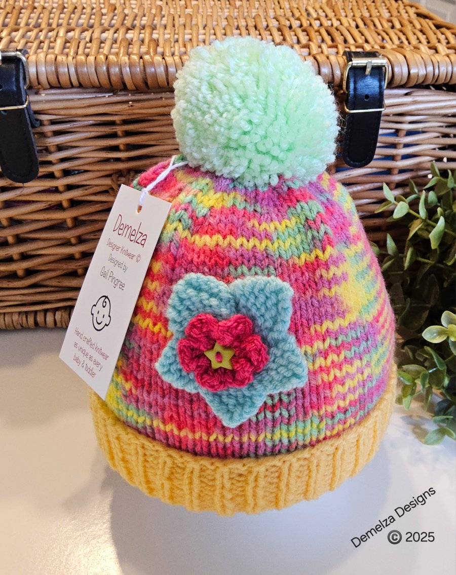 Girl's Hand Knitted Multicoloured Pom Pom  Flower Beanie Hat 6-12 months Size