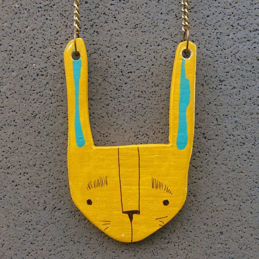 Quirky Wood Mustard Bunny Rabbit necklace