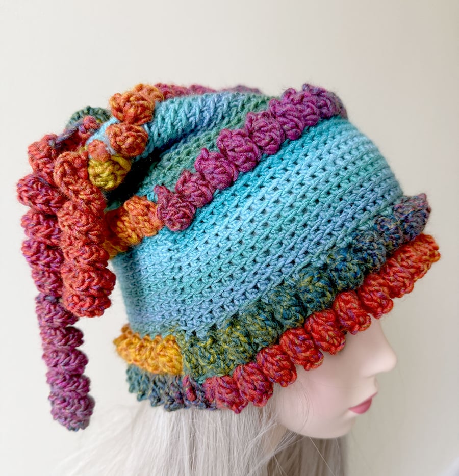 Teal and Rainbow Beanie Hat with Tassels.   Festival fun hat.  