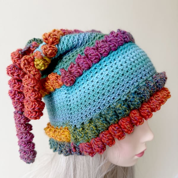 Teal and Rainbow Beanie Hat with Tassels.   Festival fun hat.  