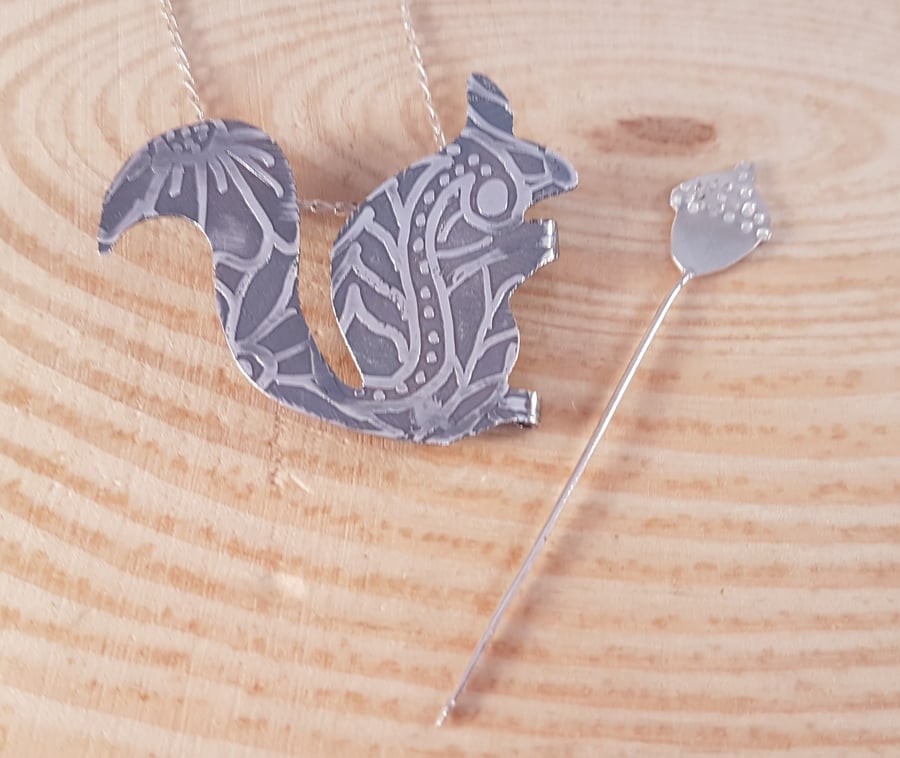 Sterling Silver Etched Three in One Squirrel and Acorn Necklace and Brooch