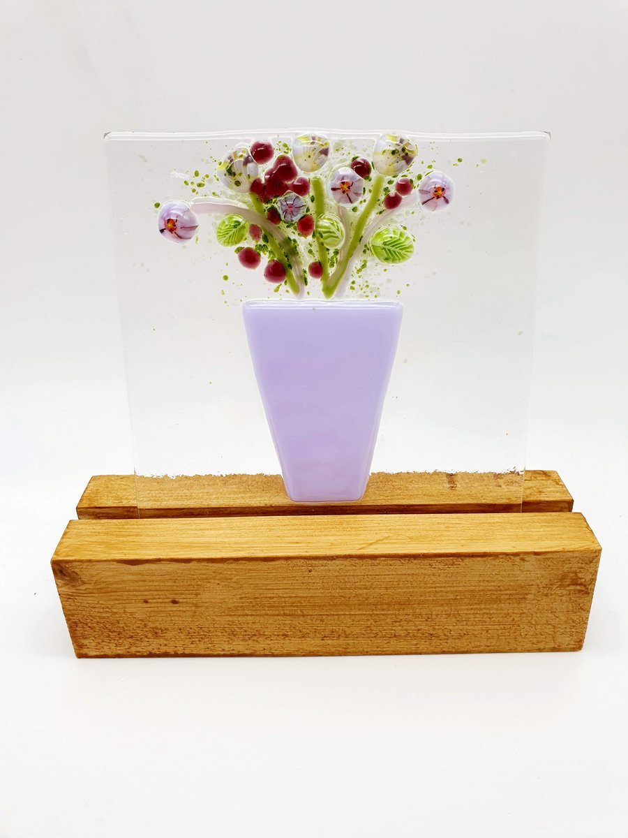 Fused Glass ‘Everlasting Flowers in a Vase’ Tile in a Wooden Stand