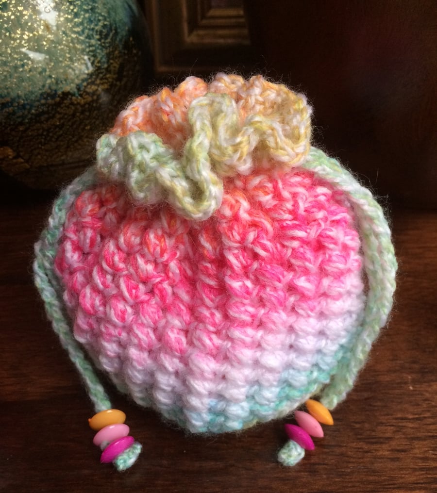 Hand Crocheted Luxury Unicorn Drawstring Bag Purse With Round Beads