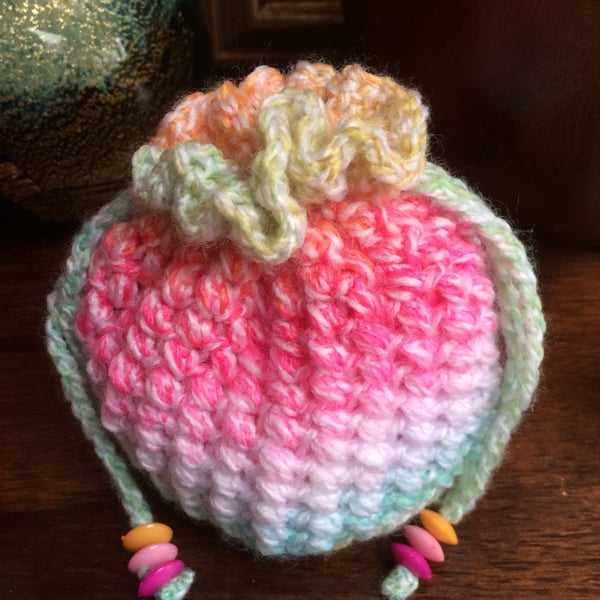 Hand Crocheted Luxury Unicorn Drawstring Bag Purse With Round Beads