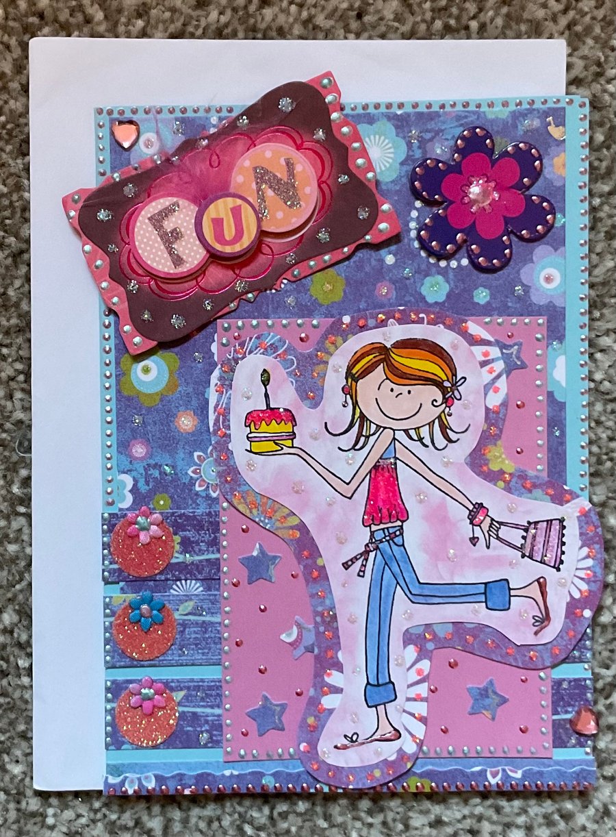 Hand crafted card in a Fun Trendy girls theme.