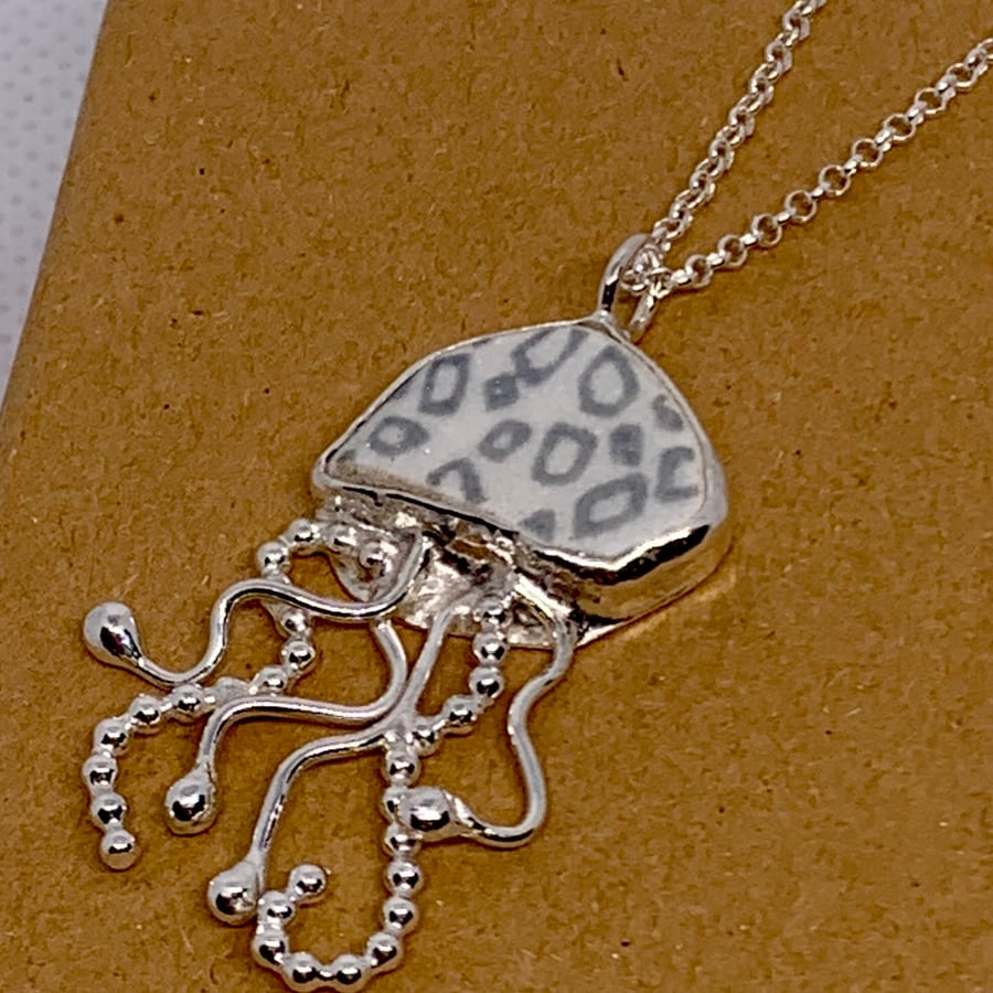 Sea Pottery and Sterling Silver Jelly Fish Pendant Necklace