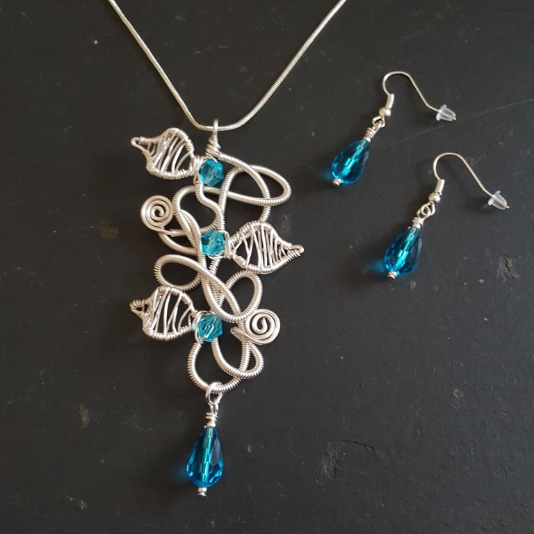 Blue Crystal Wirework Necklace and Earrings Set - One of a Kind