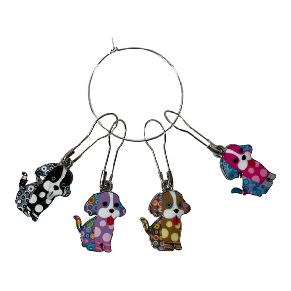Dog Stitch markers for knitting and crochet, enamelled colourful progress charms