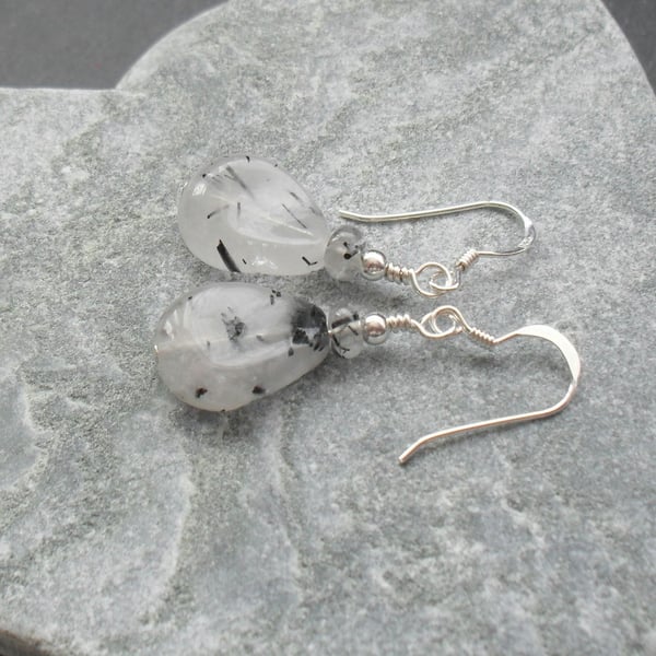 Sterling Silver Rutile Quartz Semi Precious Gemstone Drop Earrings