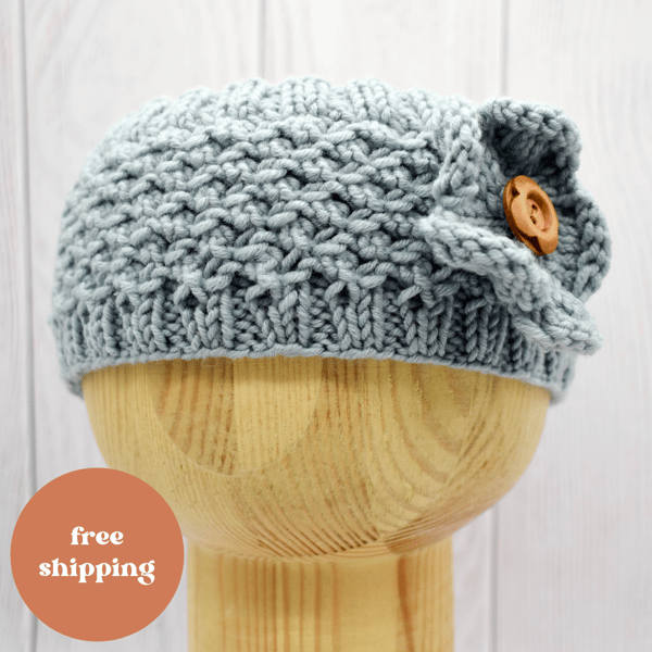 Hand Knitted "Daisy" Head band in blue grey - child