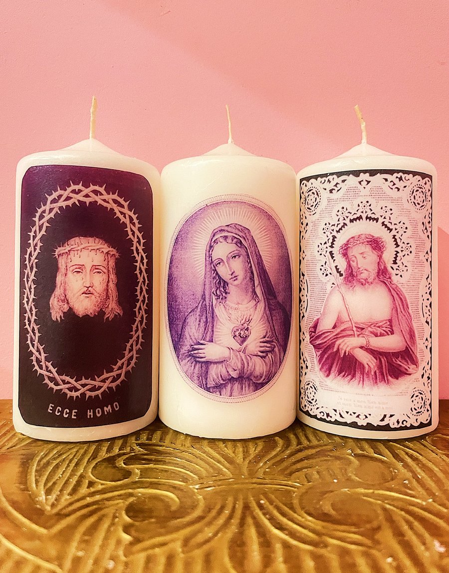 Vintage Religious Set of Three Vintage  Prayer Card Candles  