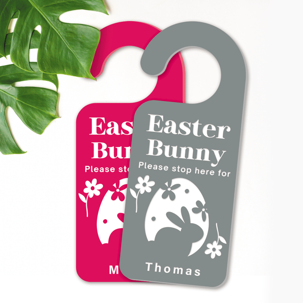 Easter Bunny Stop Here Sign - Egg & Flowers: Personalised Easter Door Hanger 