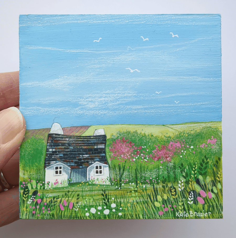 ORIGINAL MIXED MEDIA - May Blossom Cottage - Wooden tile. Freestanding