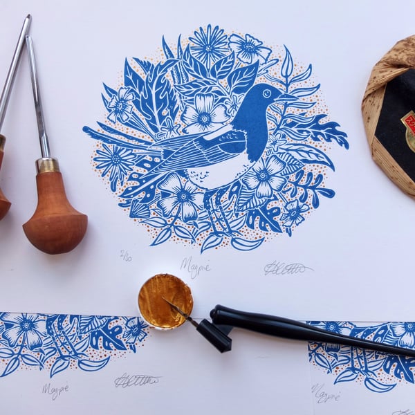 Magpie, Flowers and Leaves Blue and Gold Lino Print 