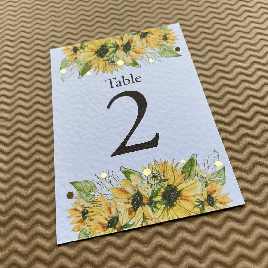 TABLE NUMBERS, Sunflowers, greenery, foliage gold polka dots rustic wedding card