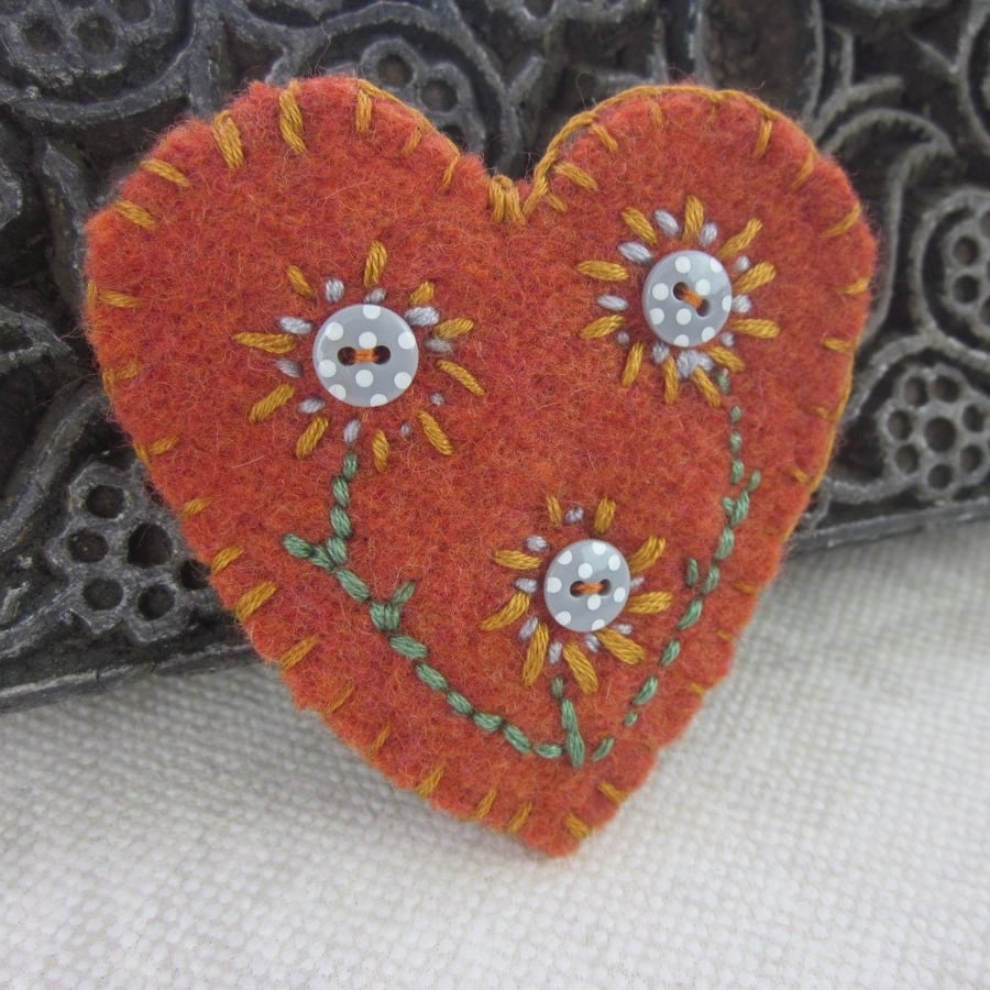 Rust Red Embroidered Flower Heart Shaped Felt Brooch