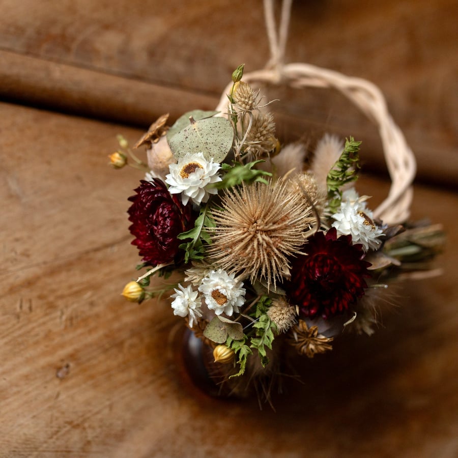 Mini dried flower handmade festive red strawflower wreath hanging