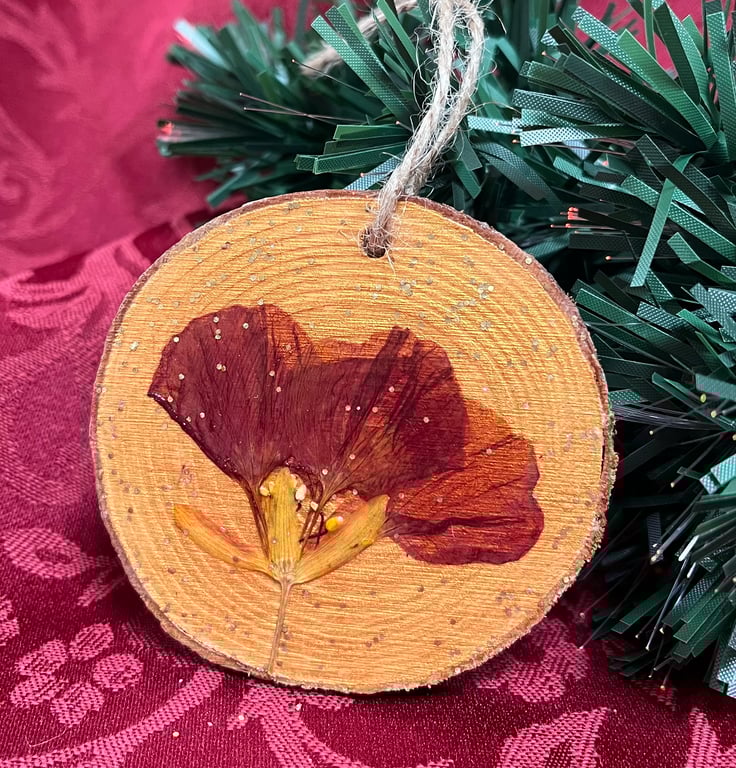 Handmade Real Pressed Flower, Nasturtium, Wood Slice Christmas Decoration