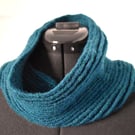 Hand Knitted Teal Infinity Cowl Neck Warmer – Ripple Design – Cosy Winter Scarf