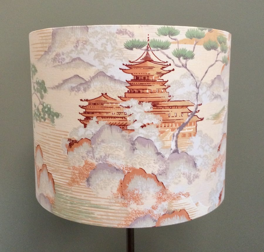 Oriental Chinoiserie Pagodas & Palaces Pastel Cream Vintage Fabric Lampshade