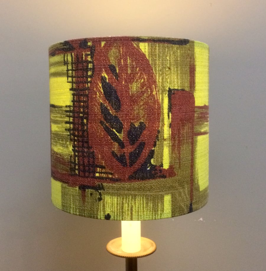 Bold Lime and Chocolate LEAF  MCM 50s VIntage Barkcloth Fabric Lampshade option 