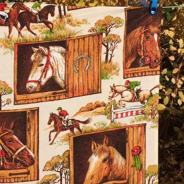 Vintage Fabric RETRO 60s 70s Pony Stable Horse riding Equestrian theme