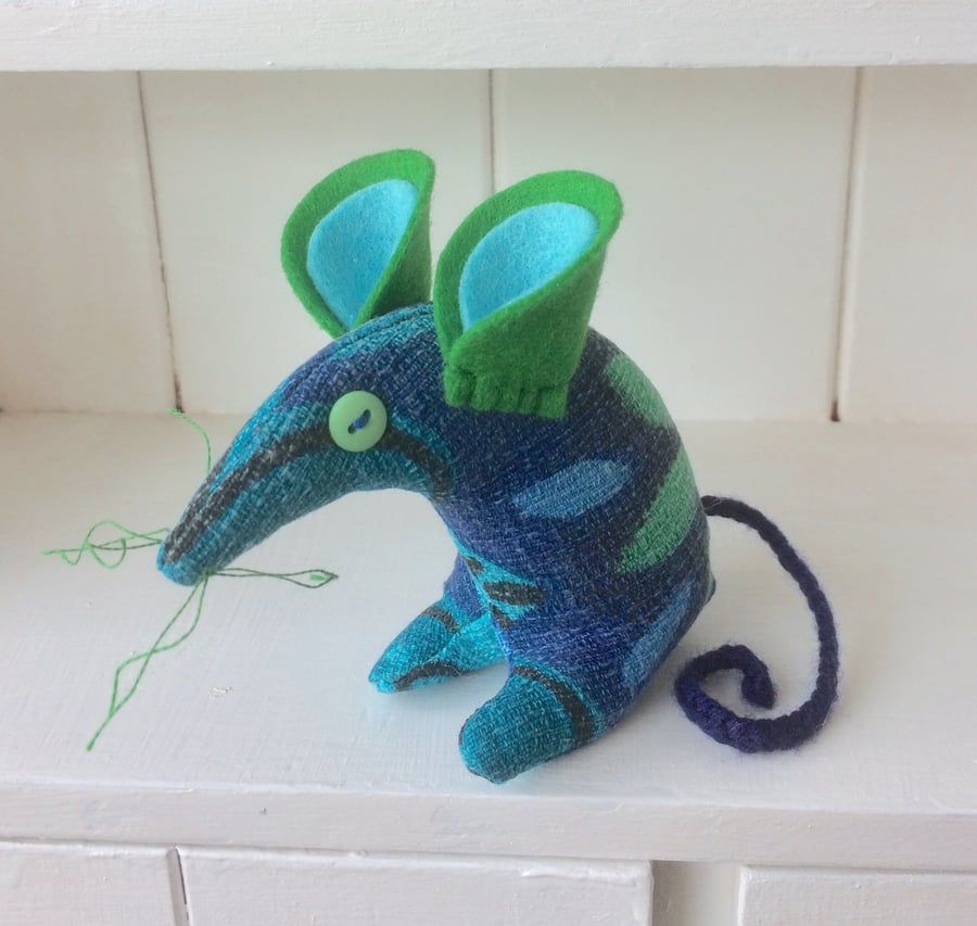 Lovely LOUIS  a smart mouse made Blue and Green 50s Barkcloth Vintage fabric 
