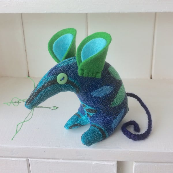 Lovely LOUIS  a smart mouse made Blue and Green 50s Barkcloth Vintage fabric 