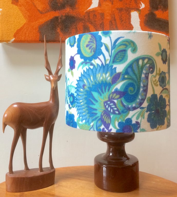 Retro Scandi Flower Power Lampshade in 60s 70s Blue Green Purple Vintage Fabric